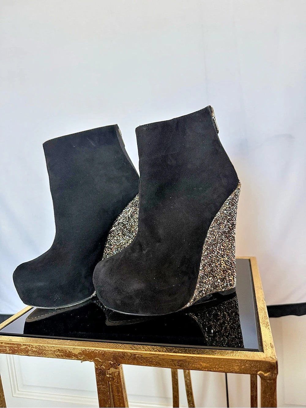 Alejandro Ingelmo Glitter Wedge Ankle Boots Black & Gold US 36/6